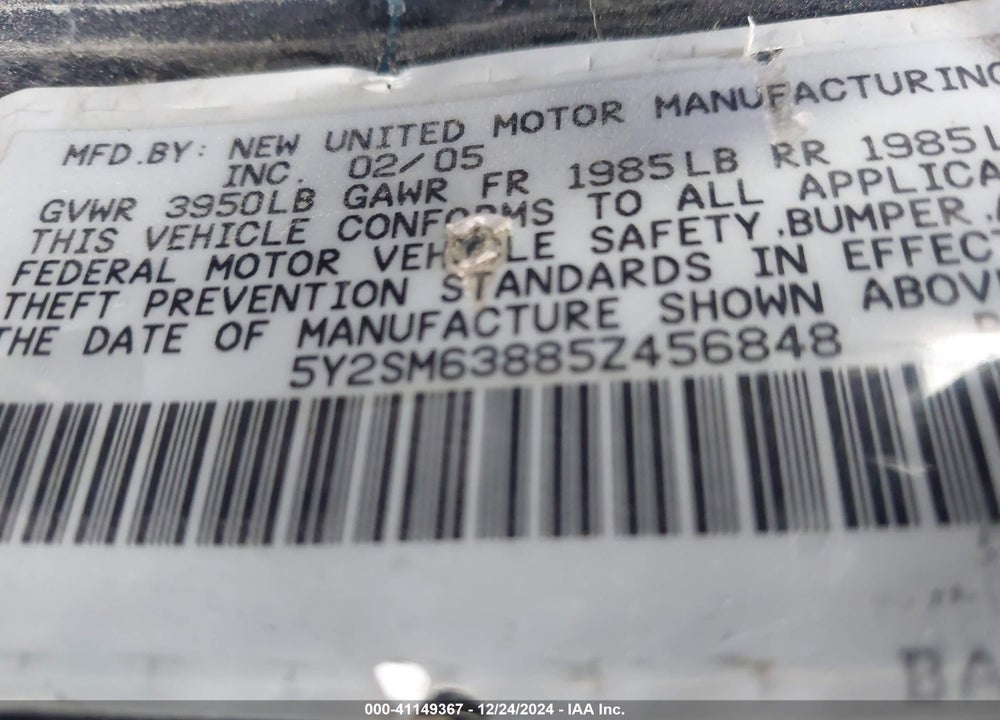 2005 PONTIAC VIBE VIN: 5Y2SM63885Z456848