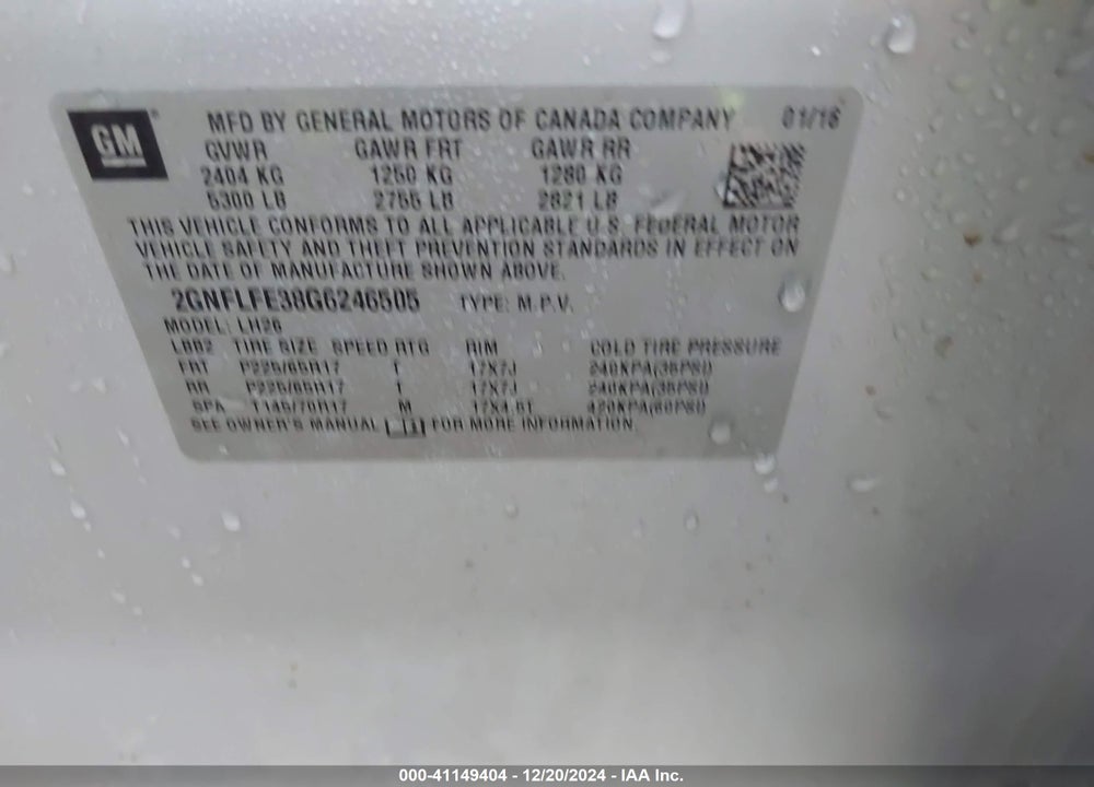 2016 CHEVROLET EQUINOX LT VIN: 2GNFLFE38G6246505