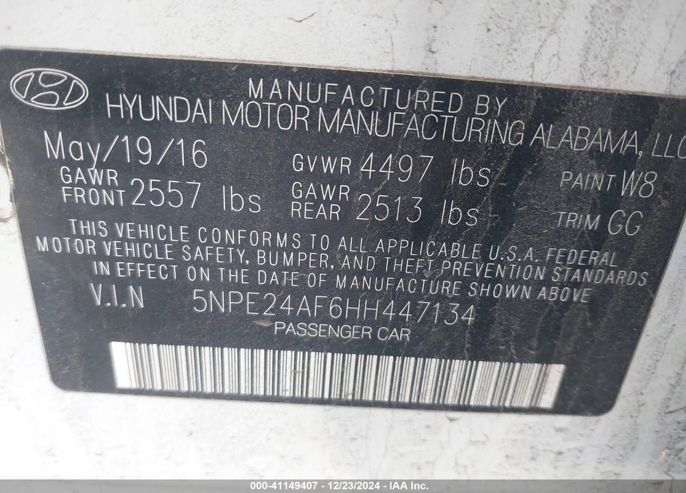 2017 HYUNDAI SONATA VIN: 5NPE24AF6HH447134