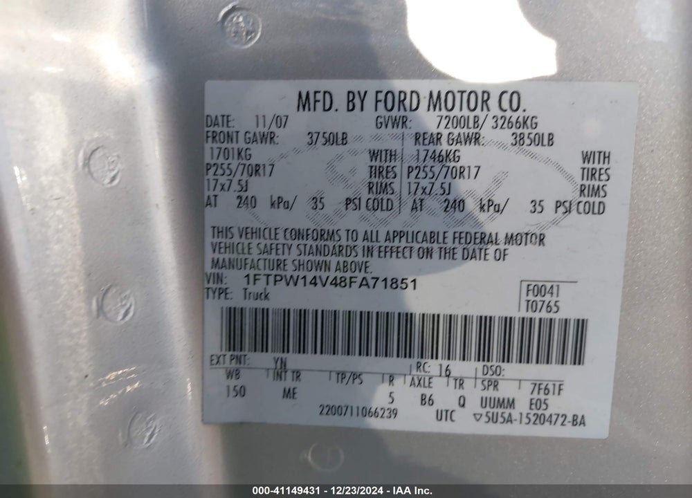 2008 FORD F-150 60TH ANNIVERSARY/FX4/KING RANCH/LARIAT/XLT VIN: 1FTPW14V48FA71851