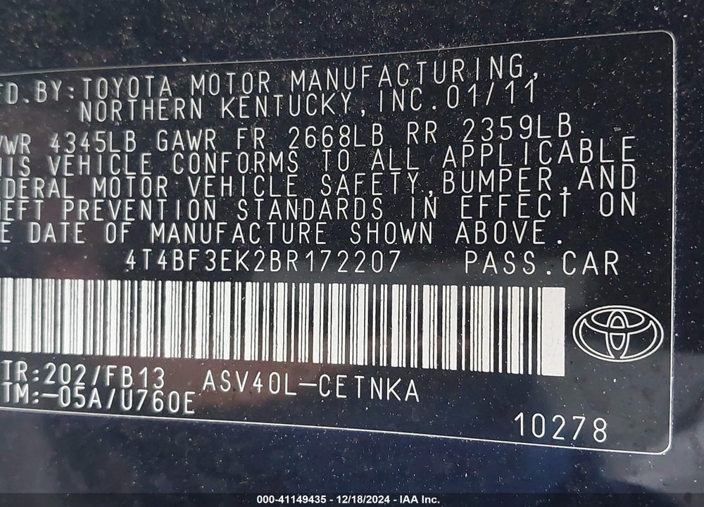 2011 TOYOTA CAMRY LE VIN: 4T4BF3EK2BR172207