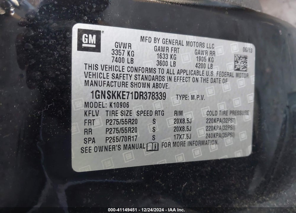 2013 CHEVROLET SUBURBAN 1500 LTZ VIN: 1GNSKKE71DR378339