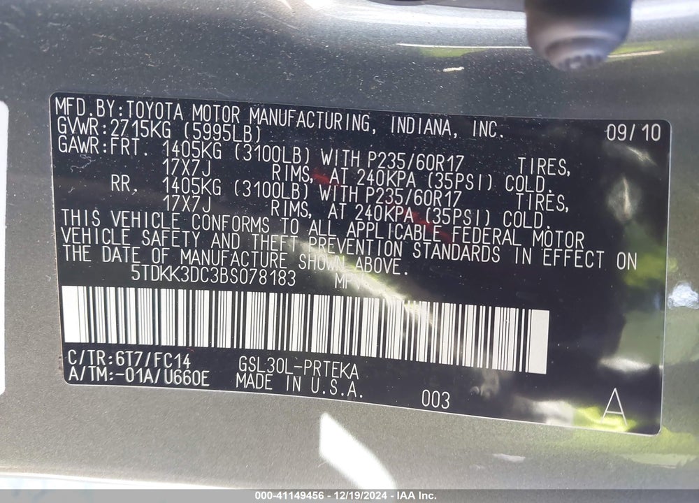 2011 TOYOTA SIENNA LE V6 VIN: 5TDKK3DC3BS078183