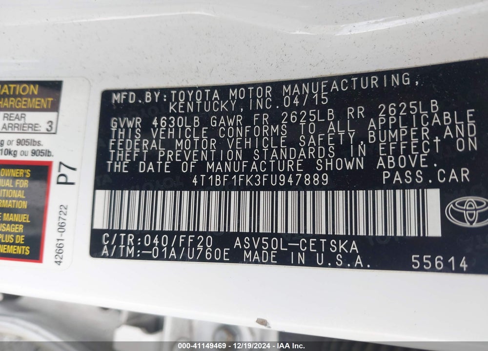 2015 TOYOTA CAMRY VIN: 4T1BF1FK3FU947889