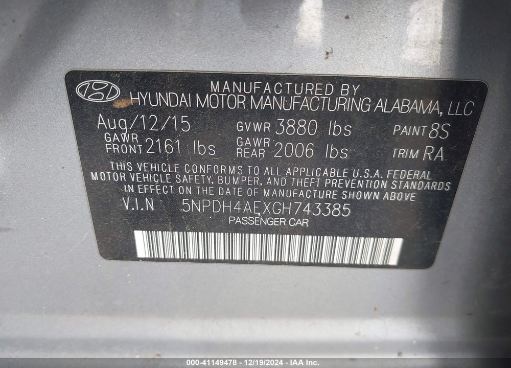 2016 HYUNDAI ELANTRA SE VIN: 5NPDH4AEXGH743385