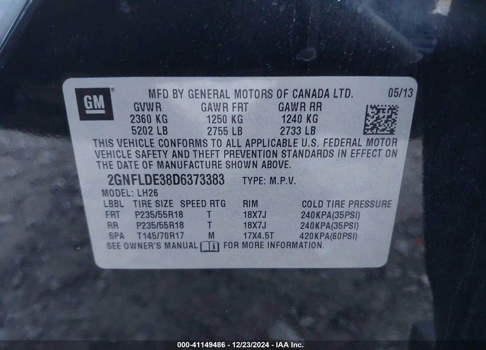 2013 CHEVROLET EQUINOX 1LT VIN: 2GNFLDE38D6373383