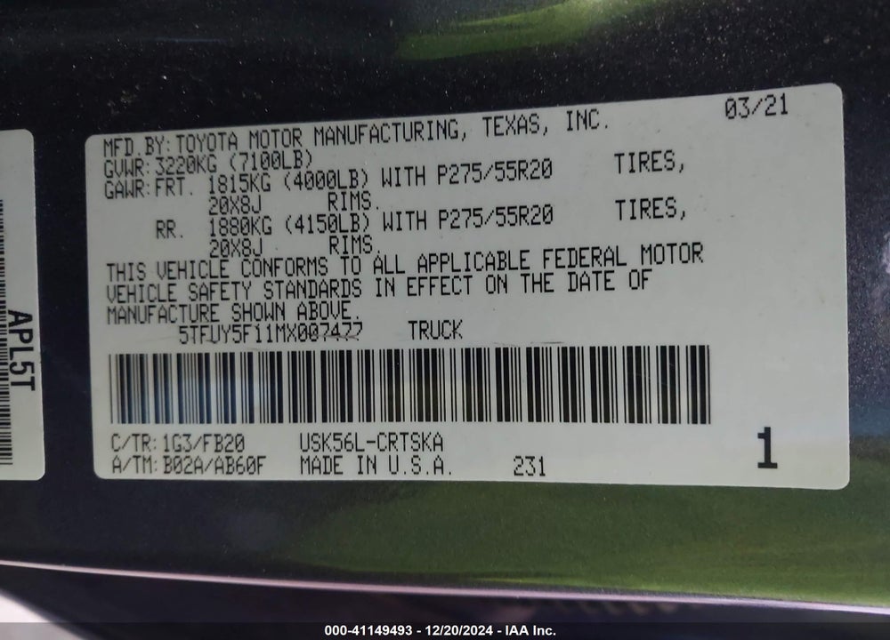 2021 TOYOTA TUNDRA SR5 VIN: 5TFUY5F11MX007477