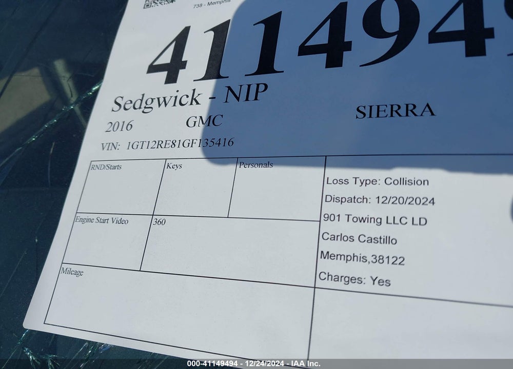 2016 GMC SIERRA VIN: 1GT12RE81GF135416