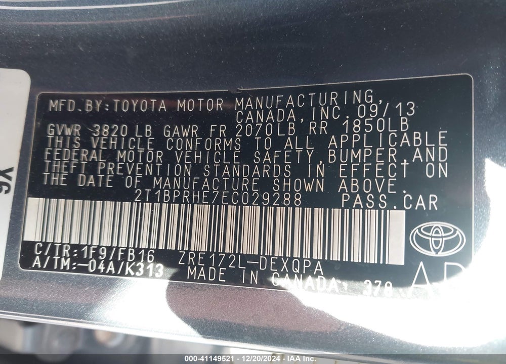 2014 TOYOTA COROLLA LE ECO VIN: 2T1BPRHE7EC029288