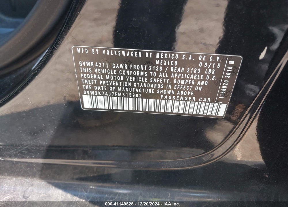 2015 VOLKSWAGEN JETTA VIN: 3VW2K7AJ7FM315982