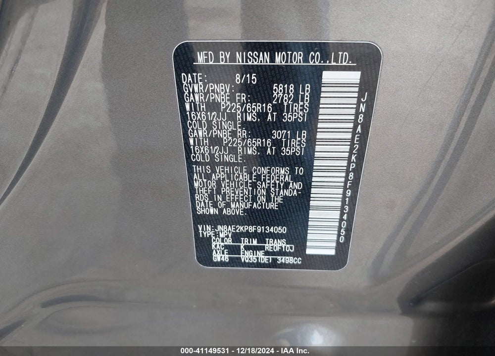 2015 NISSAN QUEST PLATINUM/S/SL/SV VIN: JN8AE2KP8F9134050