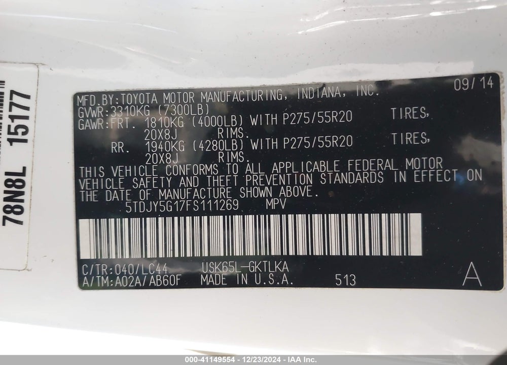 2015 TOYOTA SEQUOIA LIMITED 5.7L V8 VIN: 5TDJY5G17FS111269