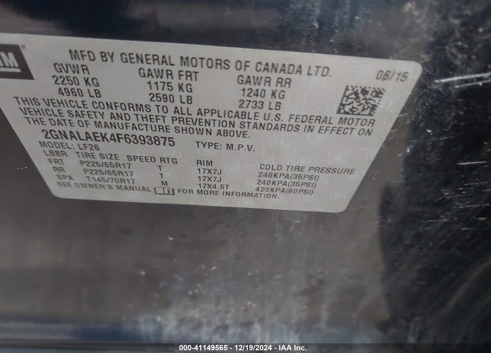 2015 CHEVROLET EQUINOX LS VIN: 2GNALAEK4F6393875
