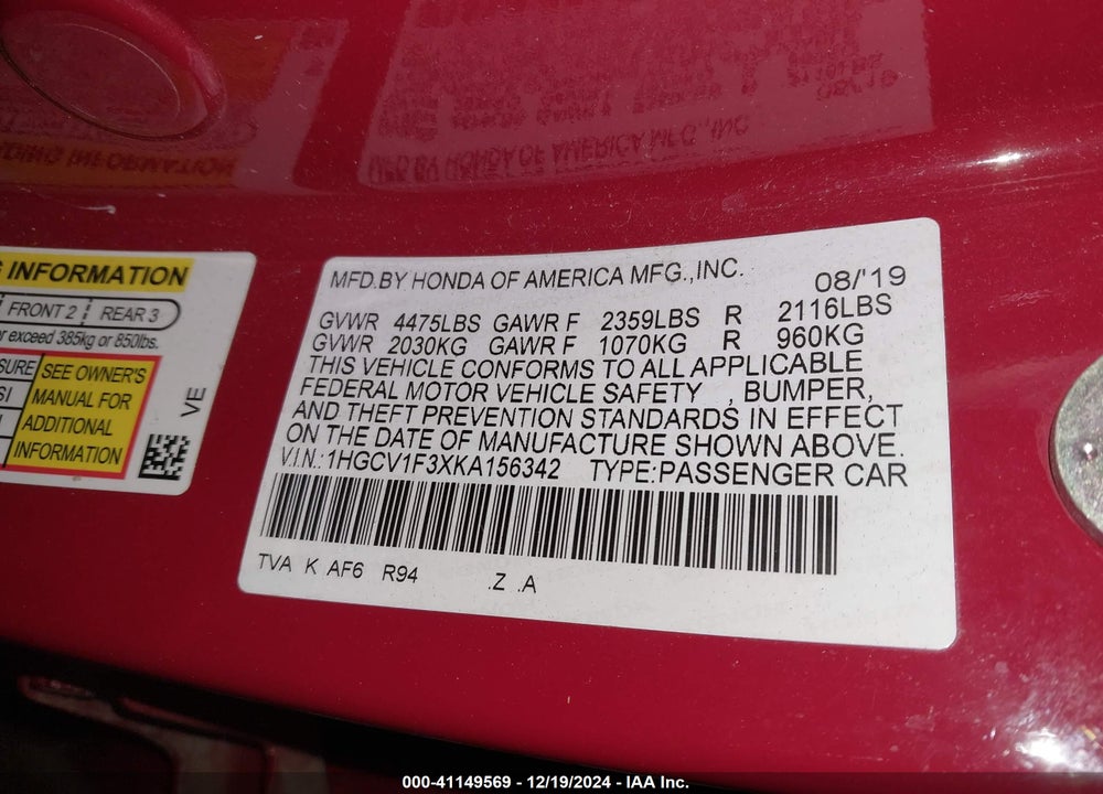 2019 HONDA ACCORD VIN: 1HGCV1F3XKA156342