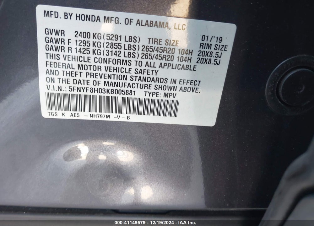 2019 HONDA PASSPORT ELITE VIN: 5FNYF8H03KB005881