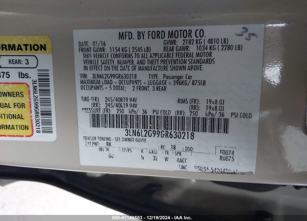 2016 LINCOLN MKZ VIN: 3LN6L2G99GR630218