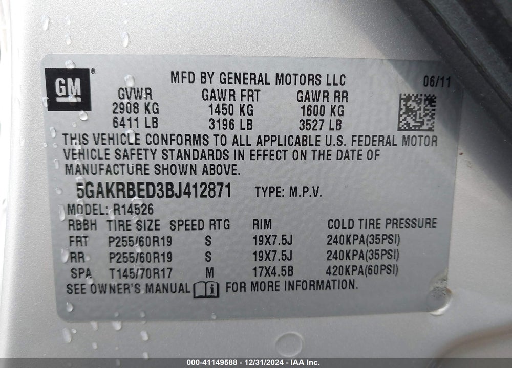 2011 BUICK ENCLAVE 1XL VIN: 5GAKRBED3BJ412871