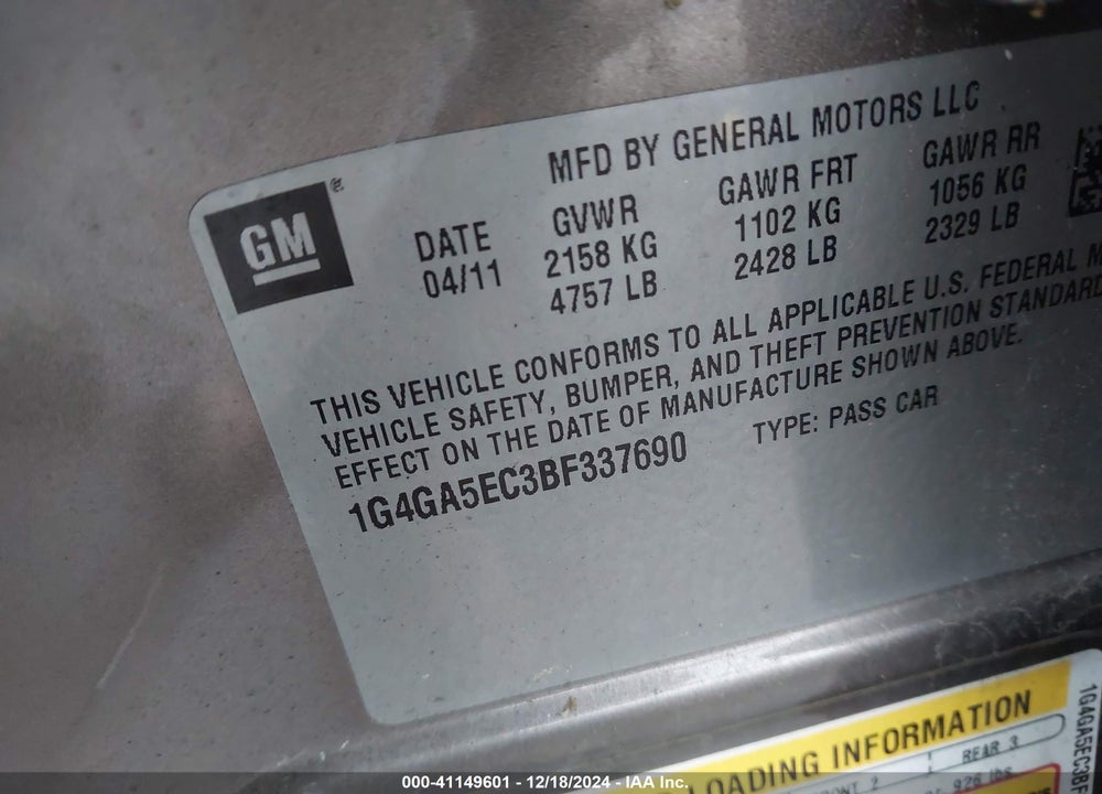 2011 BUICK LACROSSE CX VIN: 1G4GA5EC3BF337690