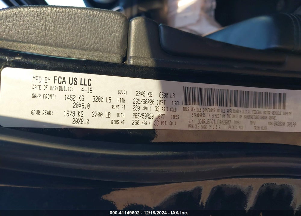 2018 JEEP GRAND CHEROKEE ALTITUDE 4X2 VIN: 1C4RJEAG1JC402607