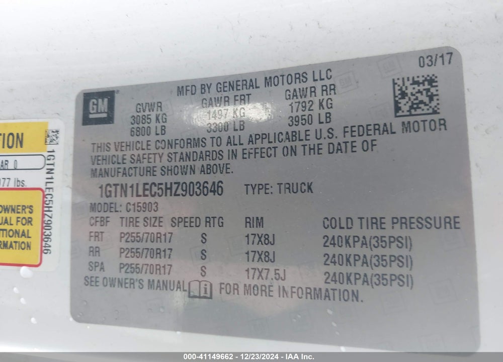 2017 GMC SIERRA 1500 VIN: 1GTN1LEC5HZ903646