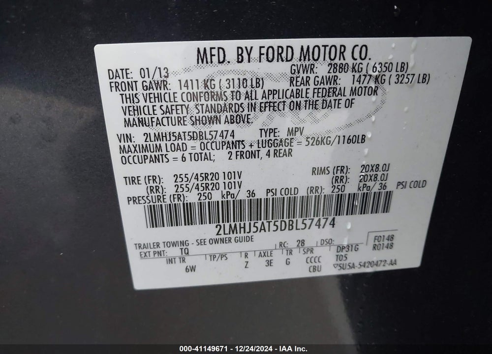 2013 LINCOLN MKT VIN: 2LMHJ5AT5DBL57474
