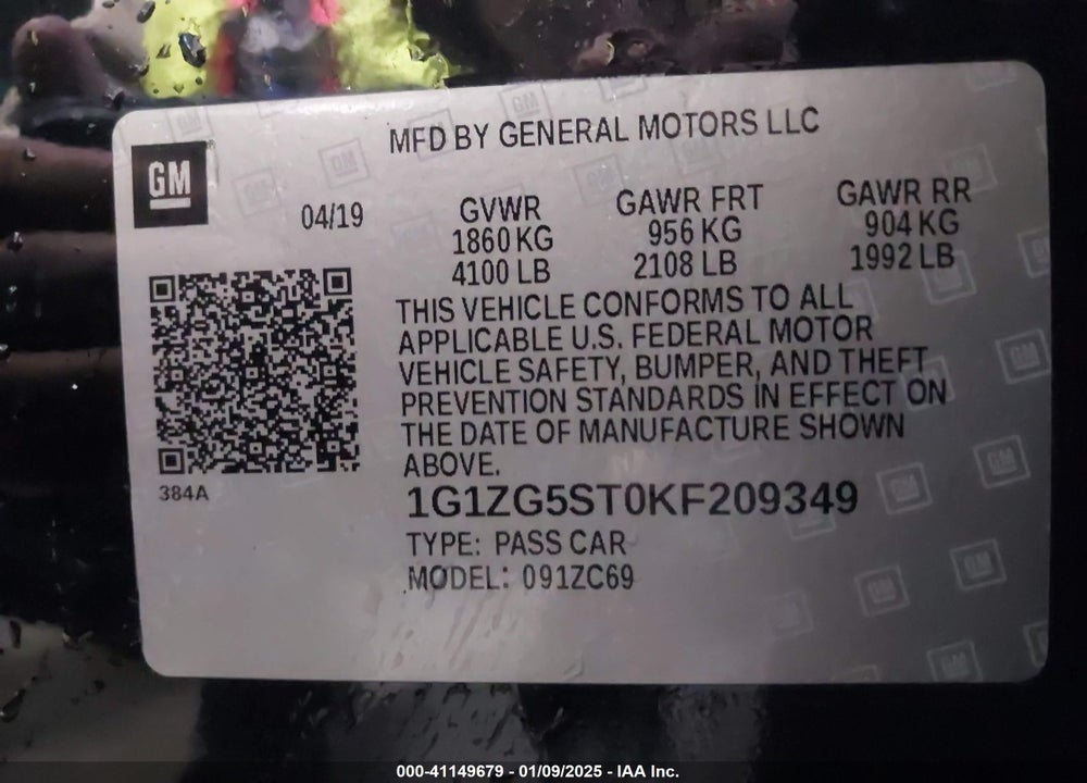 2019 CHEVROLET MALIBU VIN: 1G1ZG5ST0KF209349