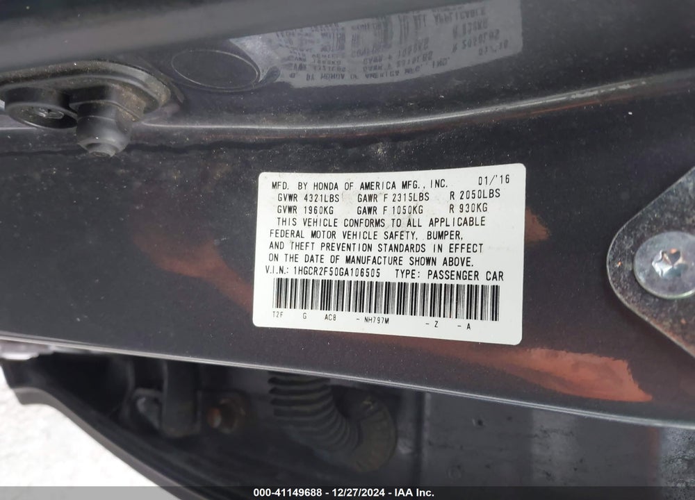 2016 HONDA ACCORD SPORT VIN: 1HGCR2F50GA106505