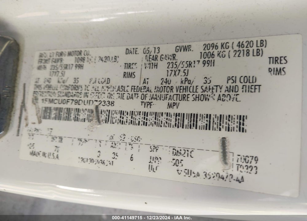 2013 FORD ESCAPE S VIN: 1FMCU0F79DUD72338