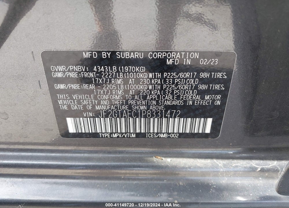 2023 SUBARU CROSSTREK PREMIUM VIN: JF2GTAEC1P8331472