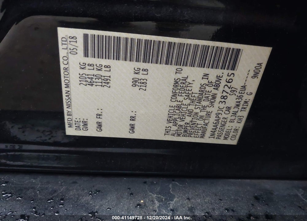 2018 NISSAN MAXIMA VIN: 1N4AA6AP9JC387265