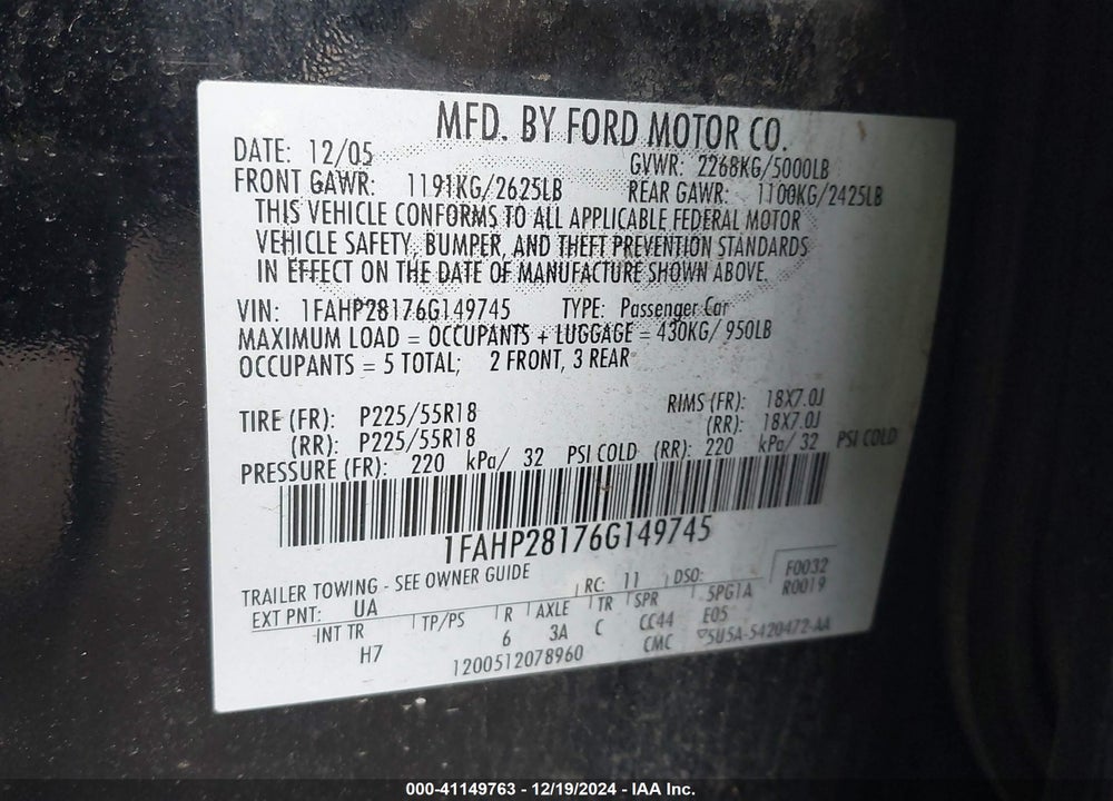 2006 FORD FIVE HUNDRED LIMITED VIN: 1FAHP28176G149745