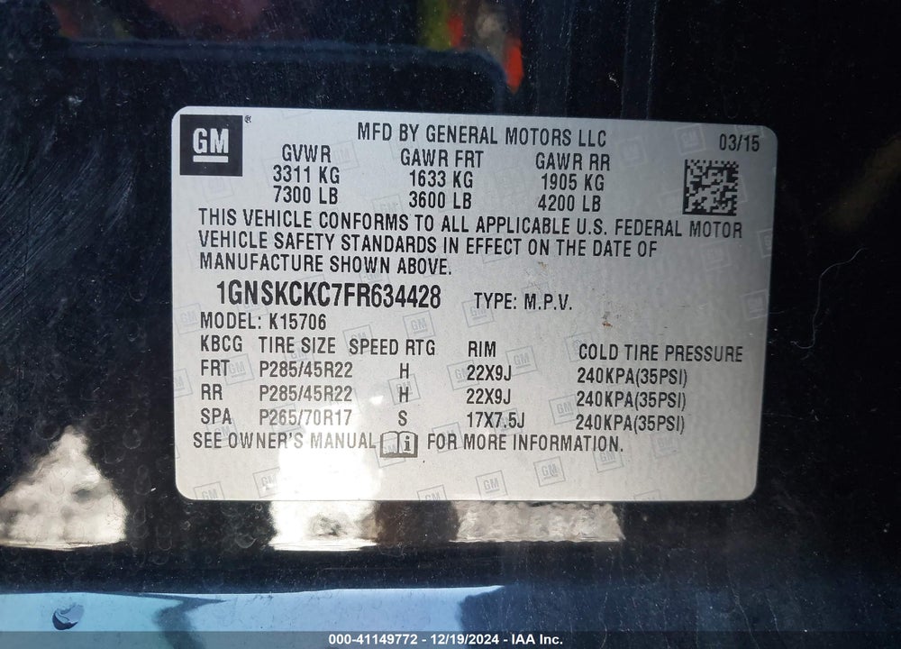 2015 CHEVROLET TAHOE LTZ VIN: 1GNSKCKC7FR634428