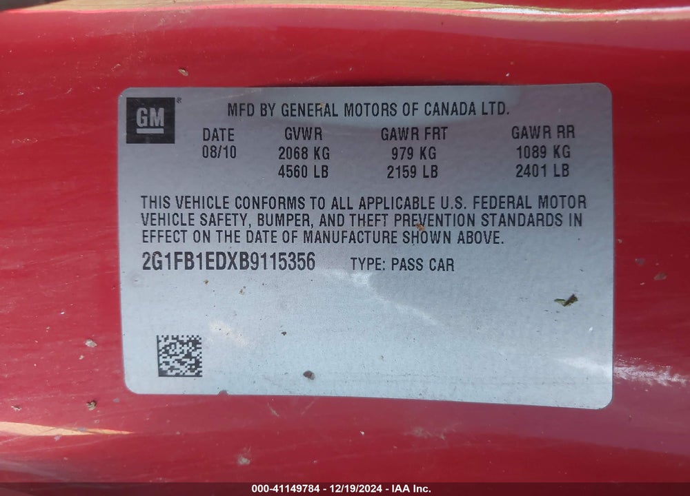 2011 CHEVROLET CAMARO 1LT VIN: 2G1FB1EDXB9115356