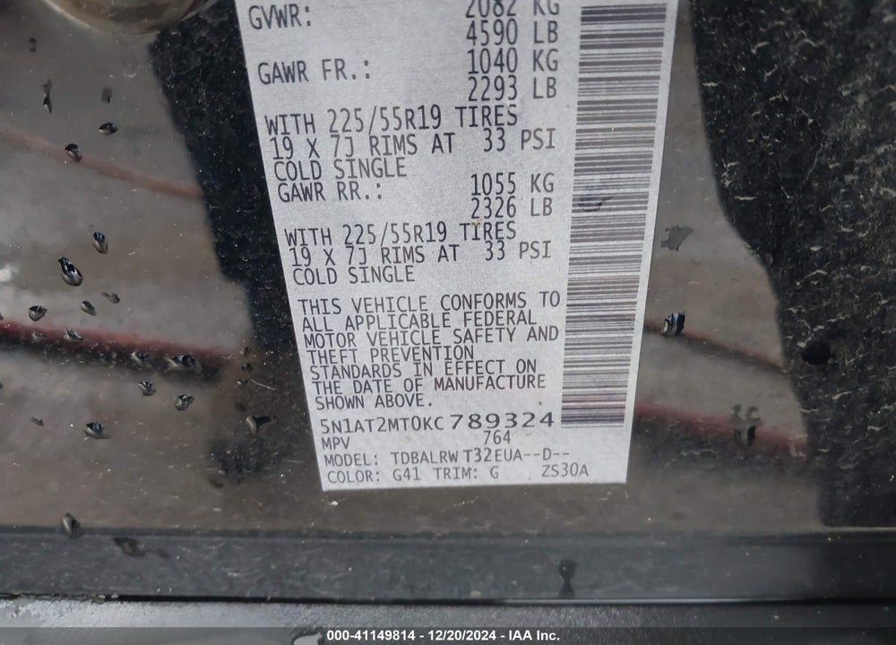2019 NISSAN ROGUE VIN: 5N1AT2MT0KC789324
