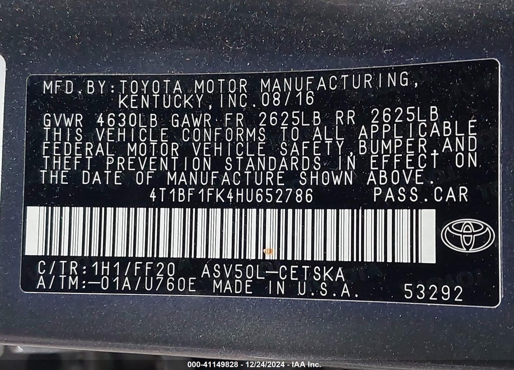 2017 TOYOTA CAMRY SE VIN: 4T1BF1FK4HU652786