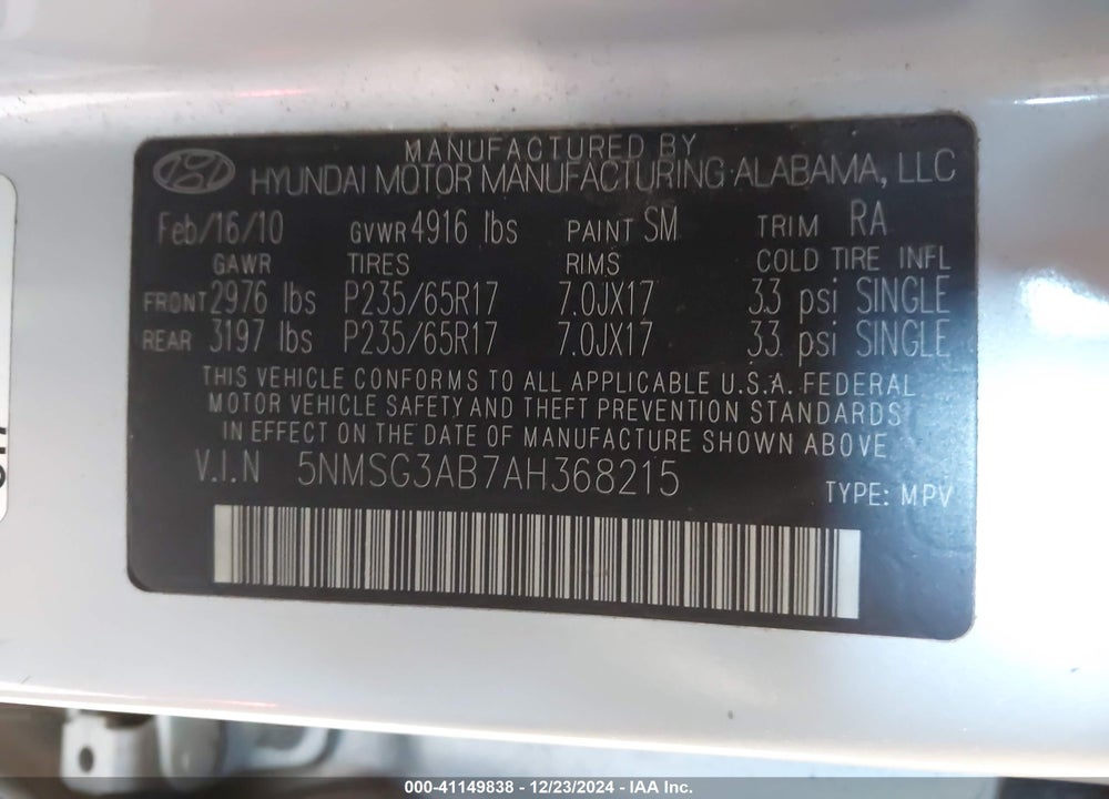2010 HYUNDAI SANTA FE GLS VIN: 5NMSG3AB7AH368215