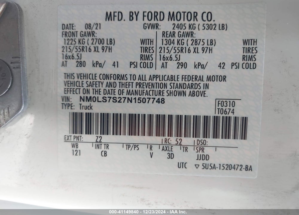 2022 FORD TRANSIT CONNECT XL CARGO VAN VIN: NM0LS7S27N1507748