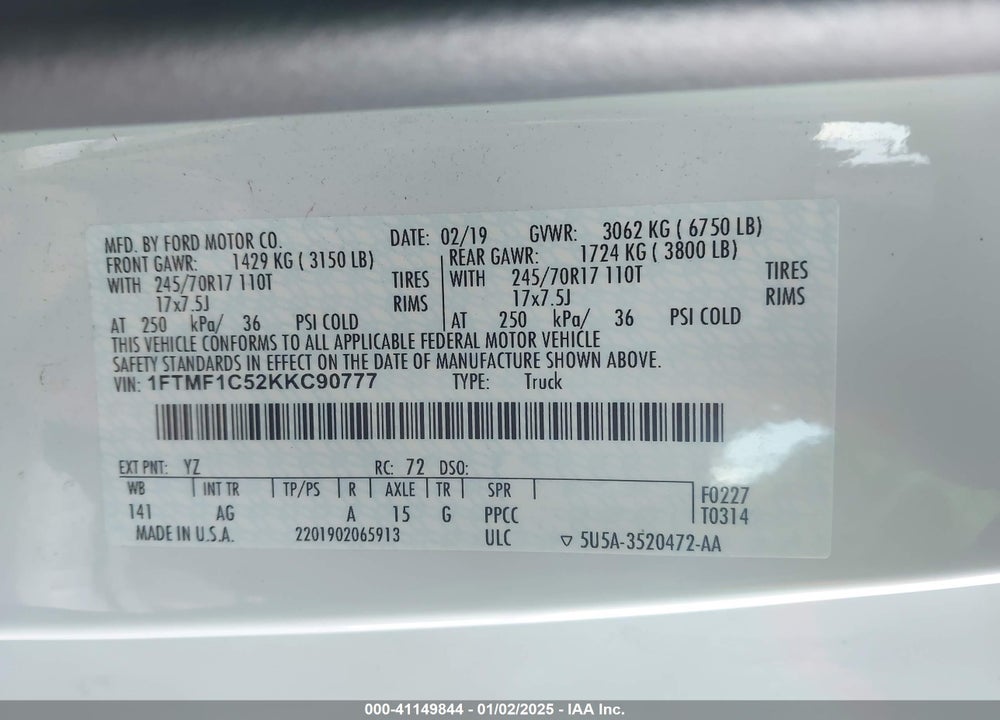 2019 FORD F-150 XL VIN: 1FTMF1C52KKC90777