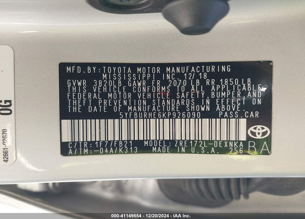 2019 TOYOTA COROLLA LE VIN: 5YFBURHE6KP926090