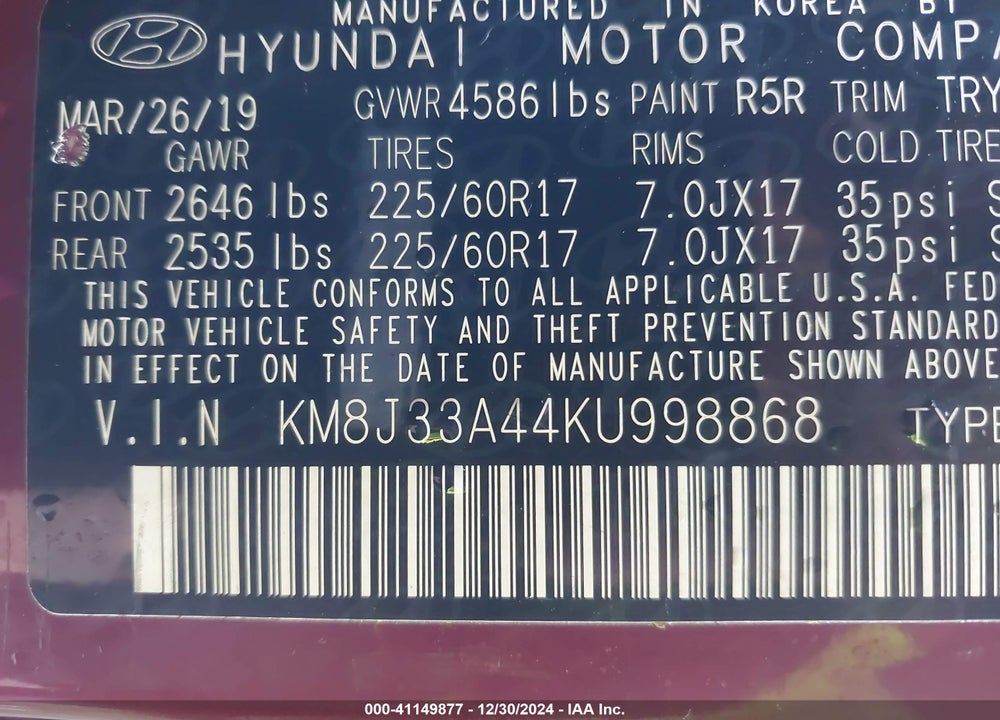 2019 HYUNDAI TUCSON VALUE VIN: KM8J33A44KU998868