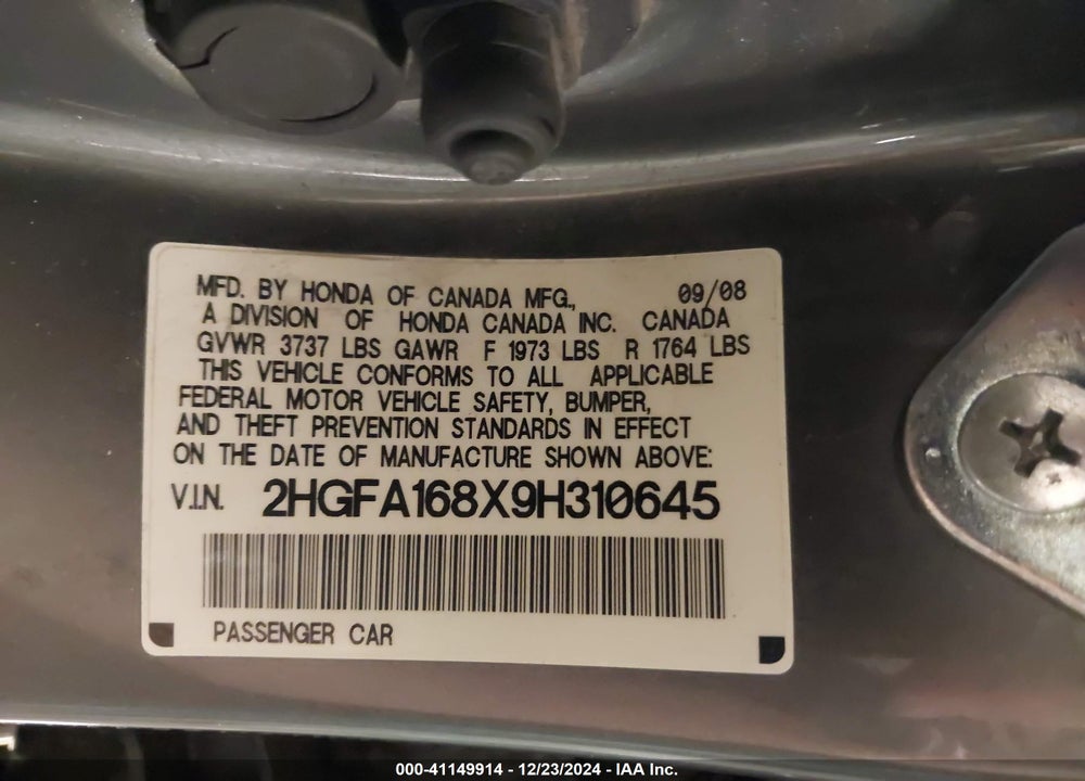 2009 HONDA CIVIC EX VIN: 2HGFA168X9H310645