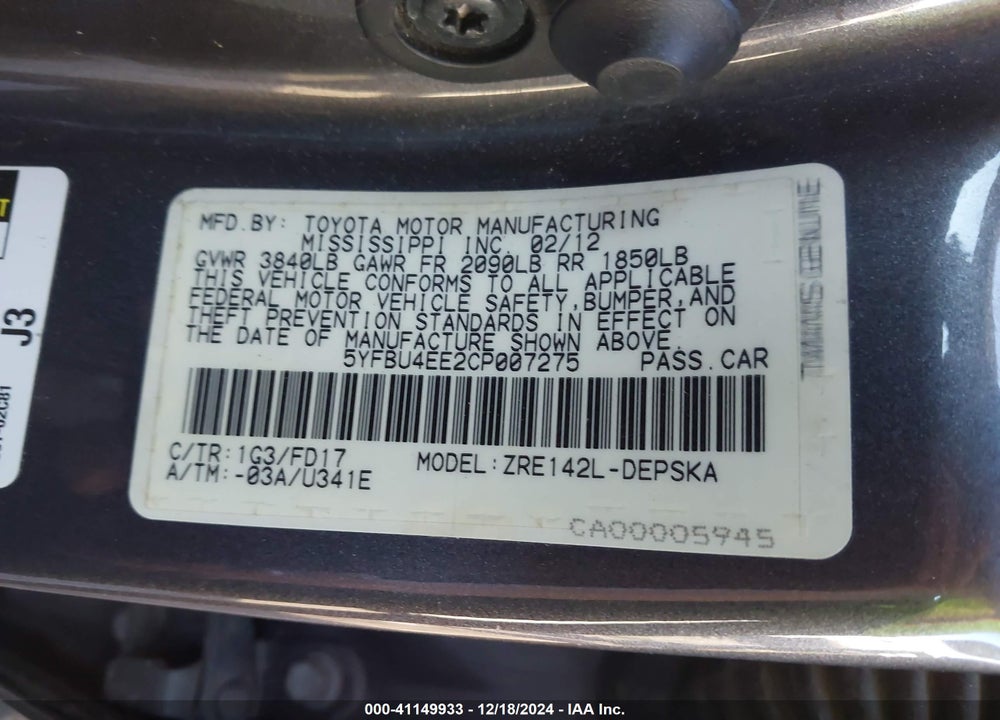 2012 TOYOTA COROLLA S VIN: 5YFBU4EE2CP007275