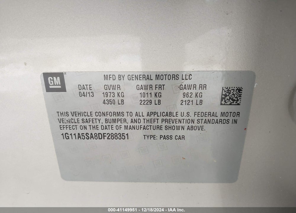 2013 CHEVROLET MALIBU 1FL VIN: 1G11A5SA8DF288351