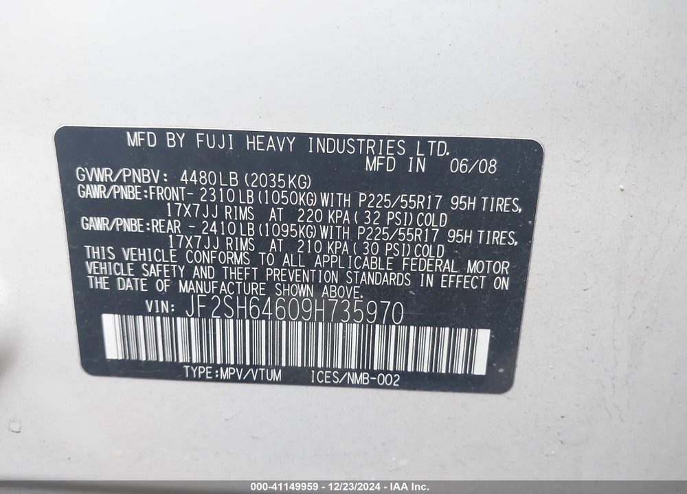 2009 SUBARU FORESTER VIN: JF2SH64609H735970