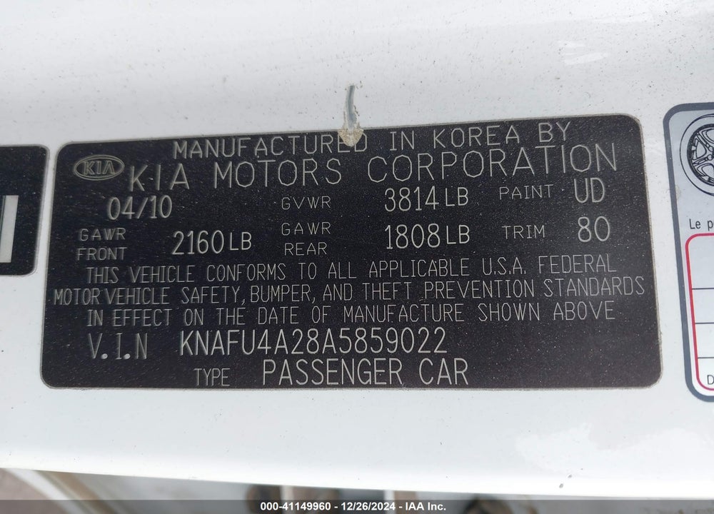2010 KIA FORTE EX VIN: KNAFU4A28A5859022