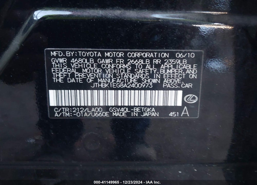 2010 LEXUS ES 350 BASE (A6) VIN: JTHBK1EG8A2400973