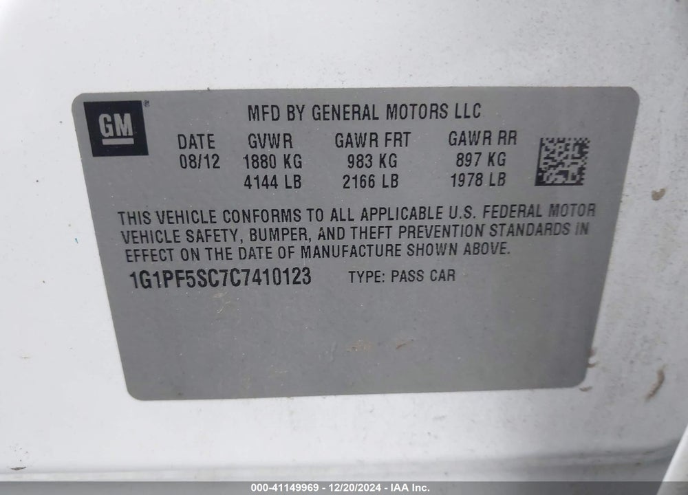 2012 CHEVROLET CRUZE 1LT VIN: 1G1PF5SC7C7410123