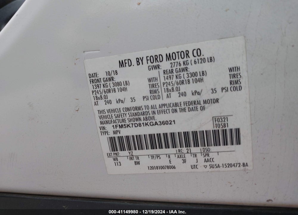 2019 FORD EXPLORER XLT VIN: 1FM5K7D81KGA36021