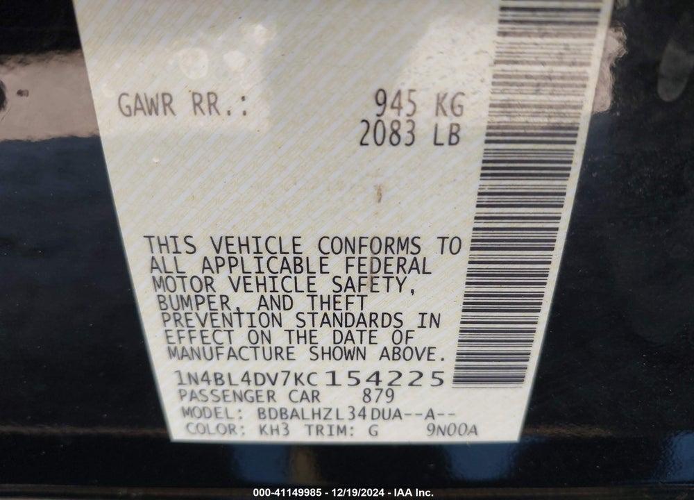 2019 NISSAN ALTIMA VIN: 1N4BL4DV7KC154225