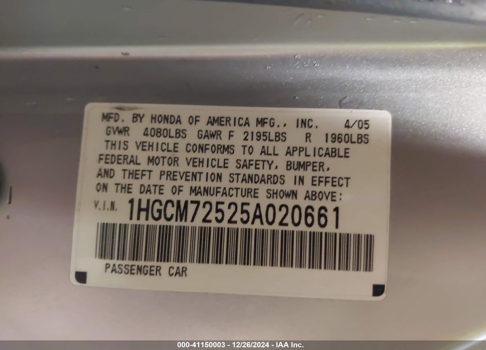 2005 HONDA ACCORD 2.4 LX SPECIAL EDITION VIN: 1HGCM72525A020661